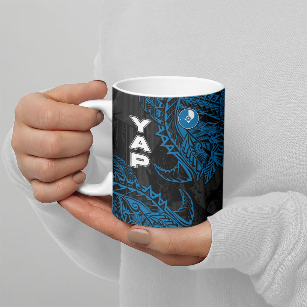 Yap Island Tribal Heritage Ceramic Mug Micronesian Polynesian Tattoo Pattern Blue Black Cultural Art