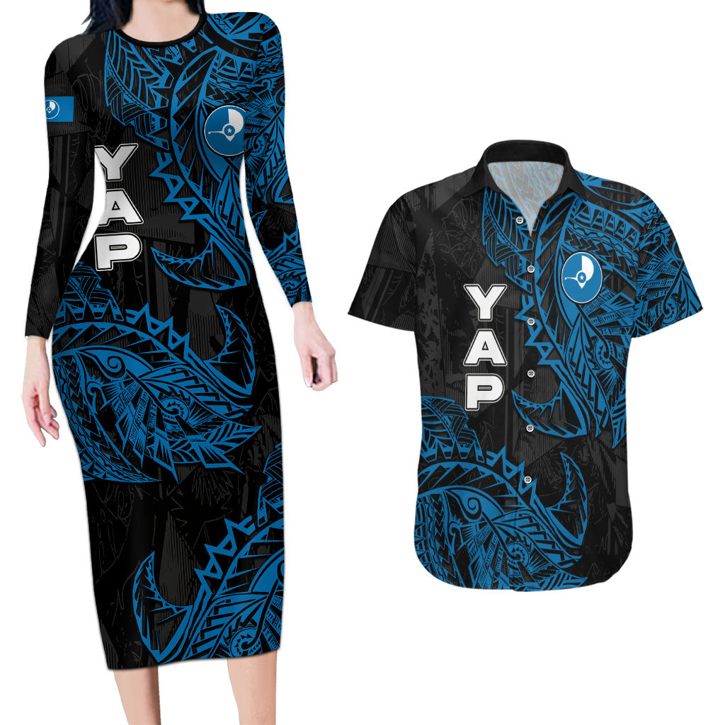 Yap Island Tribal Heritage Couples Matching Long Sleeve Bodycon Dress and Hawaiian Shirt Micronesian Polynesian Tattoo Pattern Blue Black Cultural Art TS04 Black Blue - Polynesian Pride