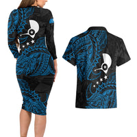 Yap Island Tribal Heritage Couples Matching Long Sleeve Bodycon Dress and Hawaiian Shirt Micronesian Polynesian Tattoo Pattern Blue Black Cultural Art TS04 - Polynesian Pride