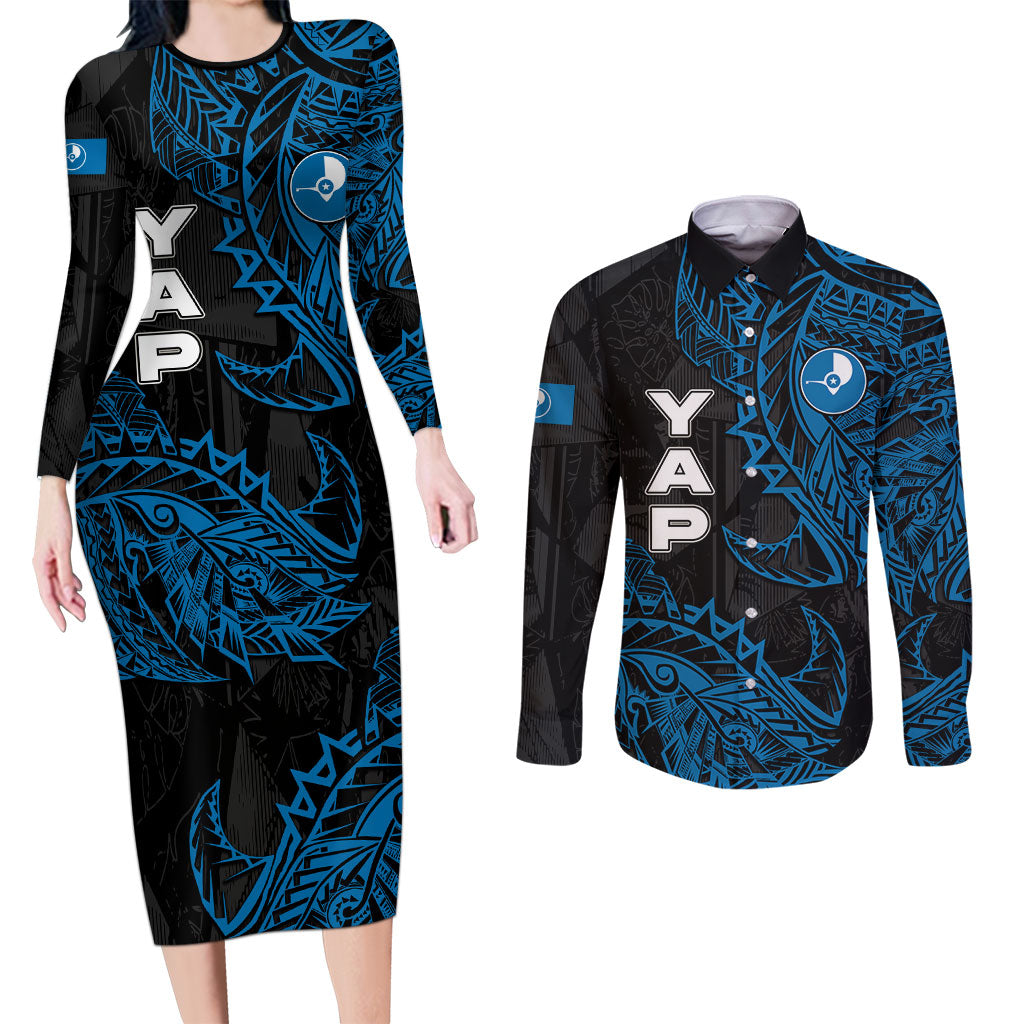 Yap Island Tribal Heritage Couples Matching Long Sleeve Bodycon Dress and Long Sleeve Button Shirt Micronesian Polynesian Tattoo Pattern Blue Black Cultural Art TS04 Black Blue - Polynesian Pride