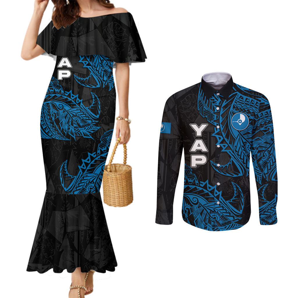 Yap Island Tribal Heritage Couples Matching Mermaid Dress and Long Sleeve Button Shirt Micronesian Polynesian Tattoo Pattern Blue Black Cultural Art