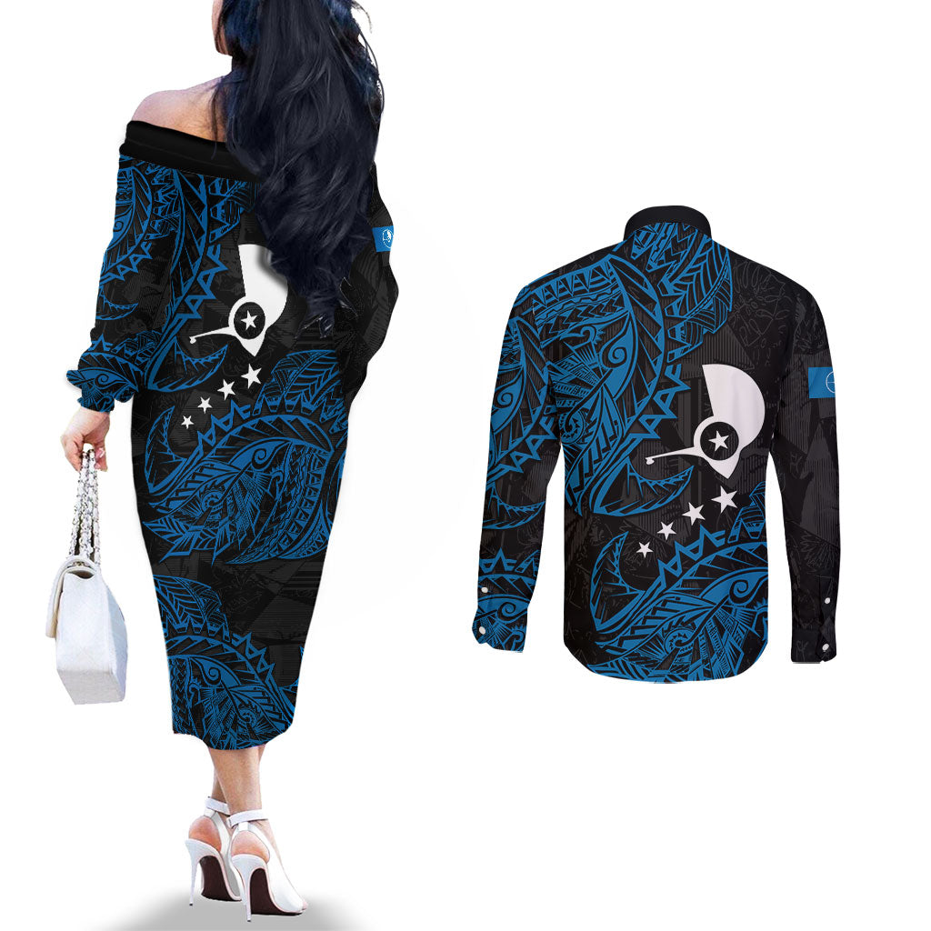 Yap Island Tribal Heritage Couples Matching Off The Shoulder Long Sleeve Dress and Long Sleeve Button Shirt Micronesian Polynesian Tattoo Pattern Blue Black Cultural Art