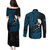 Yap Island Tribal Heritage Couples Matching Puletasi and Long Sleeve Button Shirt Micronesian Polynesian Tattoo Pattern Blue Black Cultural Art