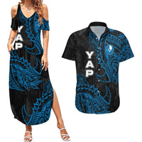 Yap Island Tribal Heritage Couples Matching Summer Maxi Dress and Hawaiian Shirt Micronesian Polynesian Tattoo Pattern Blue Black Cultural Art