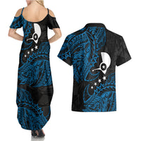Yap Island Tribal Heritage Couples Matching Summer Maxi Dress and Hawaiian Shirt Micronesian Polynesian Tattoo Pattern Blue Black Cultural Art
