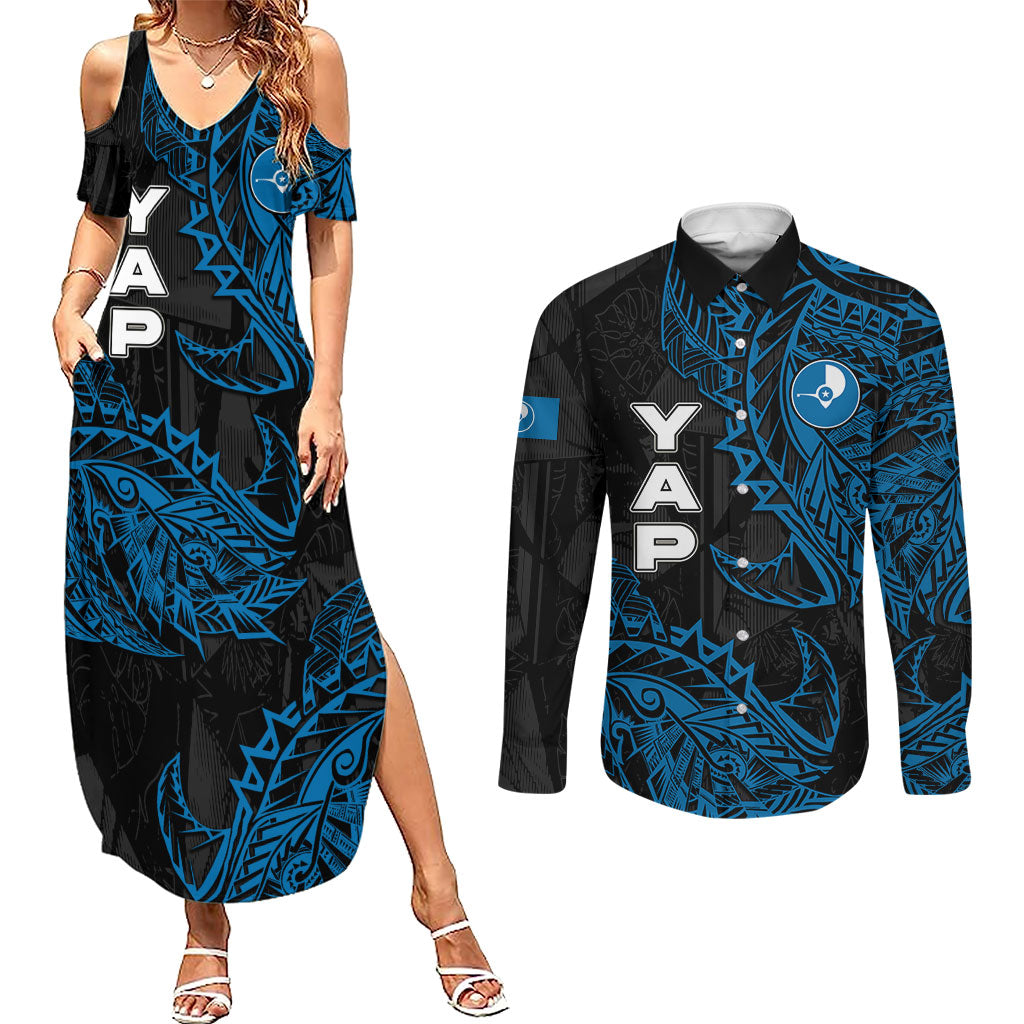 Yap Island Tribal Heritage Couples Matching Summer Maxi Dress and Long Sleeve Button Shirt Micronesian Polynesian Tattoo Pattern Blue Black Cultural Art TS04 Black Blue - Polynesian Pride