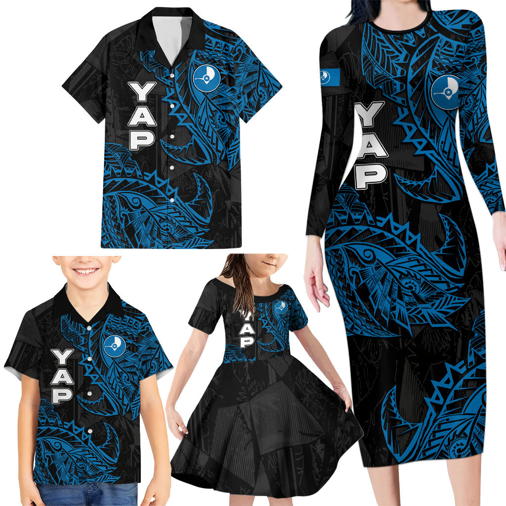 Yap Island Tribal Heritage Family Matching Long Sleeve Bodycon Dress and Hawaiian Shirt Micronesian Polynesian Tattoo Pattern Blue Black Cultural Art