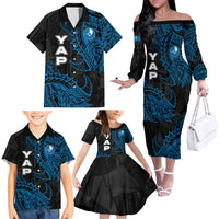 Yap Island Tribal Heritage Family Matching Off The Shoulder Long Sleeve Dress and Hawaiian Shirt Micronesian Polynesian Tattoo Pattern Blue Black Cultural Art