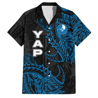 Yap Island Tribal Heritage Family Matching Off Shoulder Maxi Dress and Hawaiian Shirt Micronesian Polynesian Tattoo Pattern Blue Black Cultural Art