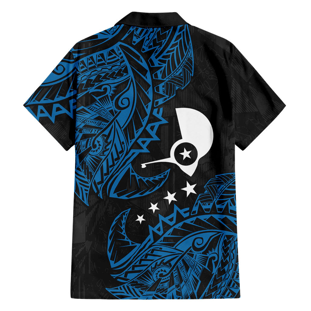 Yap Island Tribal Heritage Family Matching Off Shoulder Maxi Dress and Hawaiian Shirt Micronesian Polynesian Tattoo Pattern Blue Black Cultural Art