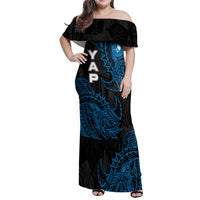 Yap Island Tribal Heritage Family Matching Off Shoulder Maxi Dress and Hawaiian Shirt Micronesian Polynesian Tattoo Pattern Blue Black Cultural Art
