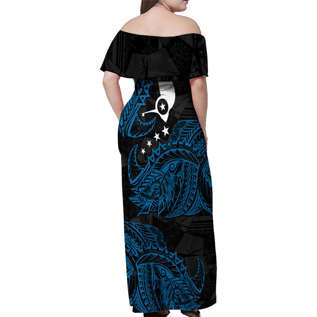 Yap Island Tribal Heritage Family Matching Off Shoulder Maxi Dress and Hawaiian Shirt Micronesian Polynesian Tattoo Pattern Blue Black Cultural Art