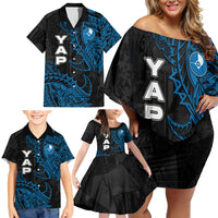 Yap Island Tribal Heritage Family Matching Off Shoulder Short Dress and Hawaiian Shirt Micronesian Polynesian Tattoo Pattern Blue Black Cultural Art
