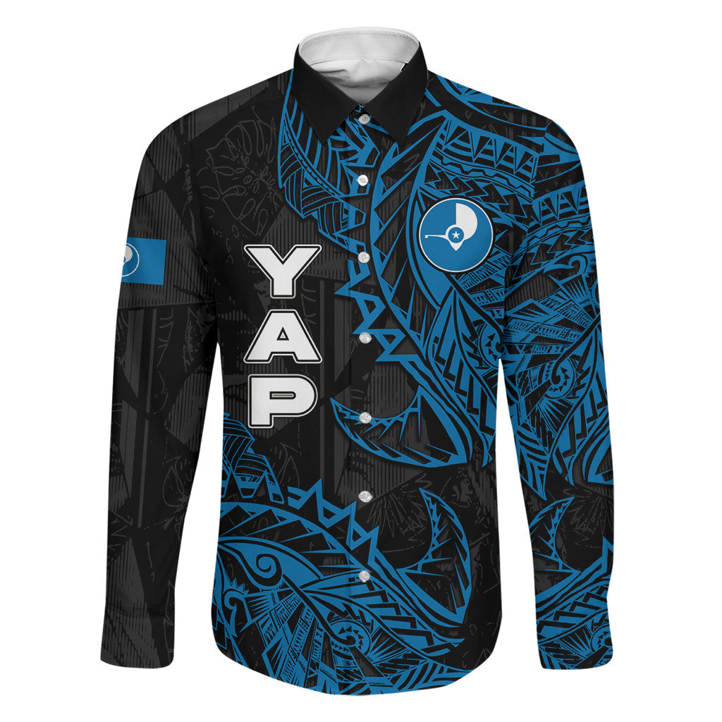 Yap Island Tribal Heritage Family Matching Off Shoulder Short Dress and Hawaiian Shirt Micronesian Polynesian Tattoo Pattern Blue Black Cultural Art