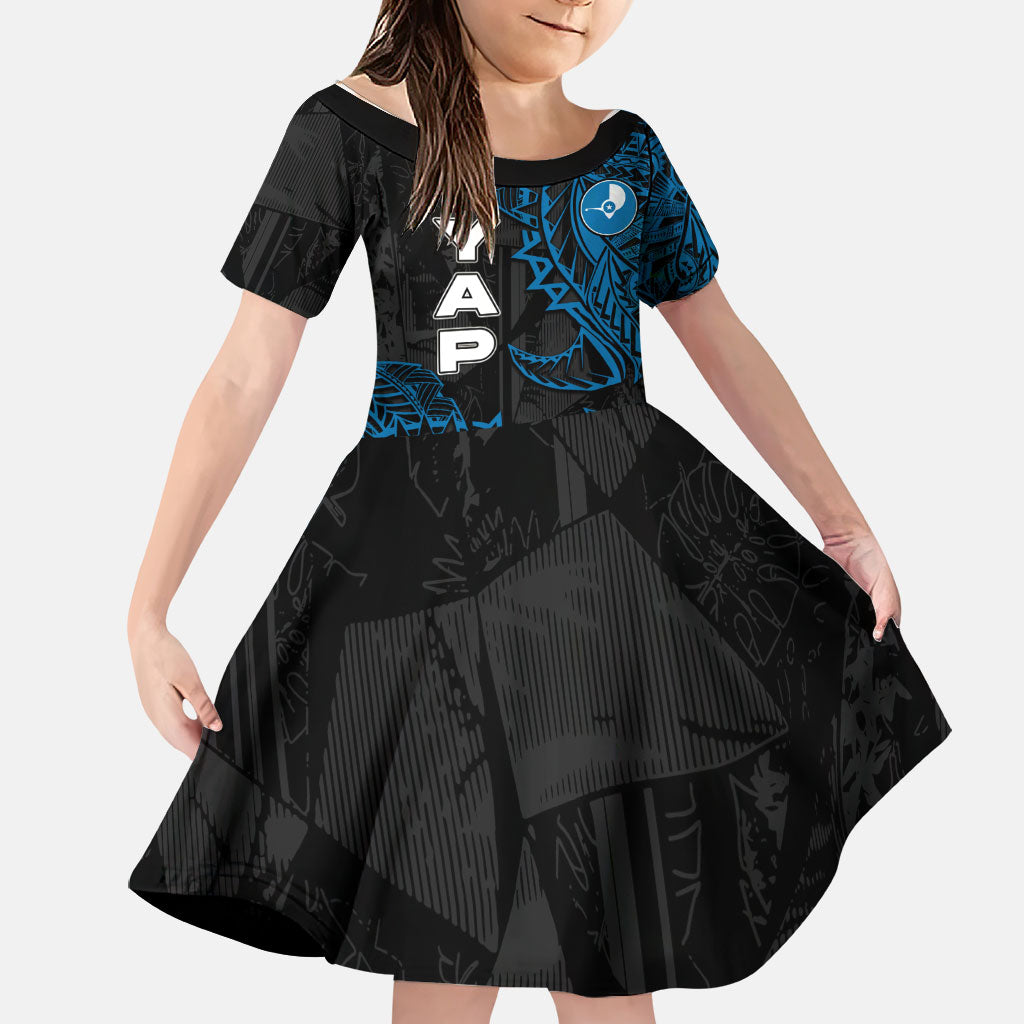 Yap Island Tribal Heritage Family Matching Short Sleeve Bodycon Dress and Hawaiian Shirt Micronesian Polynesian Tattoo Pattern Blue Black Cultural Art