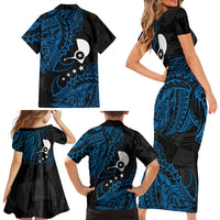 Yap Island Tribal Heritage Family Matching Short Sleeve Bodycon Dress and Hawaiian Shirt Micronesian Polynesian Tattoo Pattern Blue Black Cultural Art