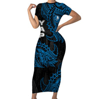 Yap Island Tribal Heritage Family Matching Short Sleeve Bodycon Dress and Hawaiian Shirt Micronesian Polynesian Tattoo Pattern Blue Black Cultural Art