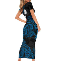 Yap Island Tribal Heritage Family Matching Short Sleeve Bodycon Dress and Hawaiian Shirt Micronesian Polynesian Tattoo Pattern Blue Black Cultural Art