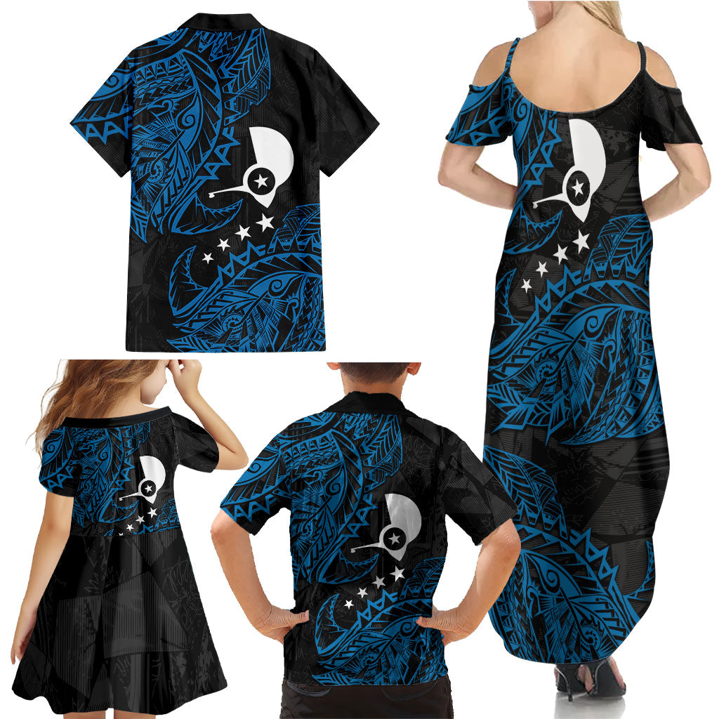Yap Island Tribal Heritage Family Matching Summer Maxi Dress and Hawaiian Shirt Micronesian Polynesian Tattoo Pattern Blue Black Cultural Art