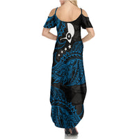 Yap Island Tribal Heritage Family Matching Summer Maxi Dress and Hawaiian Shirt Micronesian Polynesian Tattoo Pattern Blue Black Cultural Art