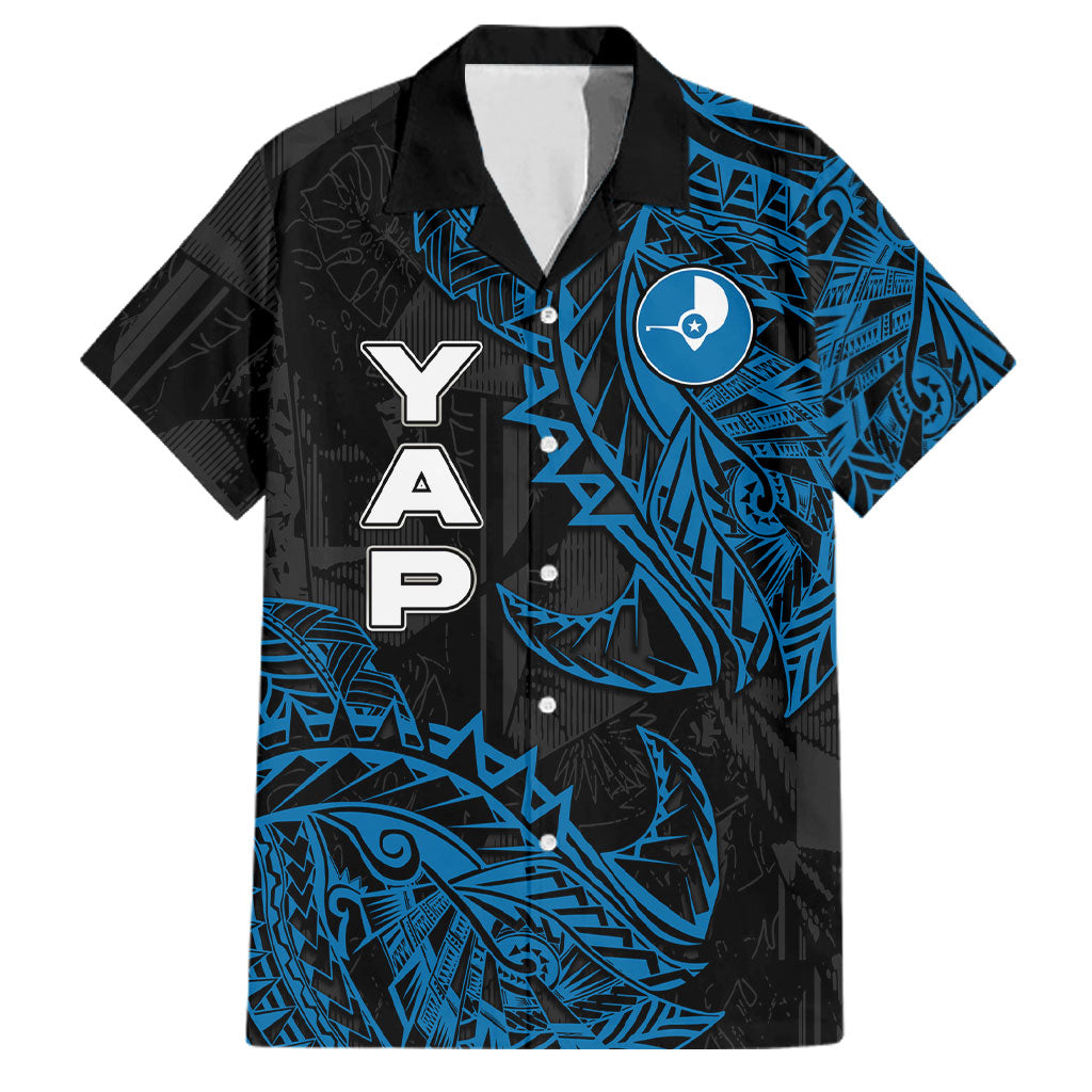 Yap Island Tribal Heritage Family Matching Tank Maxi Dress and Hawaiian Shirt Micronesian Polynesian Tattoo Pattern Blue Black Cultural Art