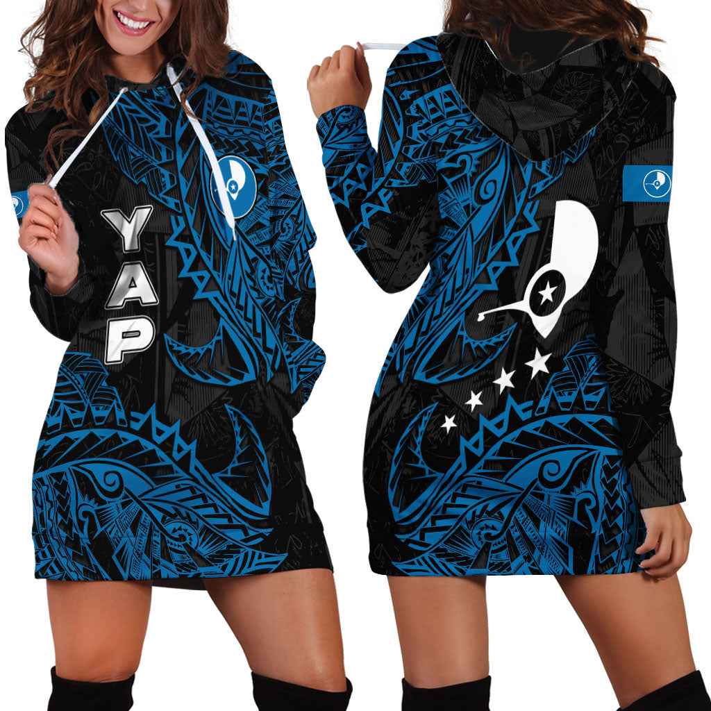 Yap Island Tribal Heritage Hoodie Dress Micronesian Polynesian Tattoo Pattern Blue Black Cultural Art