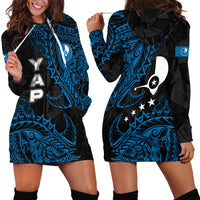 Yap Island Tribal Heritage Hoodie Dress Micronesian Polynesian Tattoo Pattern Blue Black Cultural Art