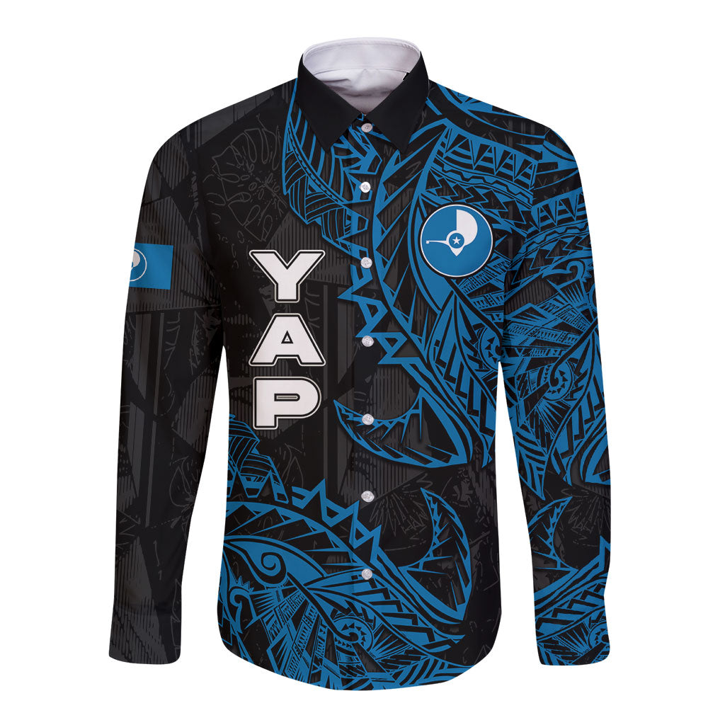 Yap Island Tribal Heritage Long Sleeve Button Shirt Micronesian Polynesian Tattoo Pattern Blue Black Cultural Art TS04 Unisex Black Blue - Polynesian Pride