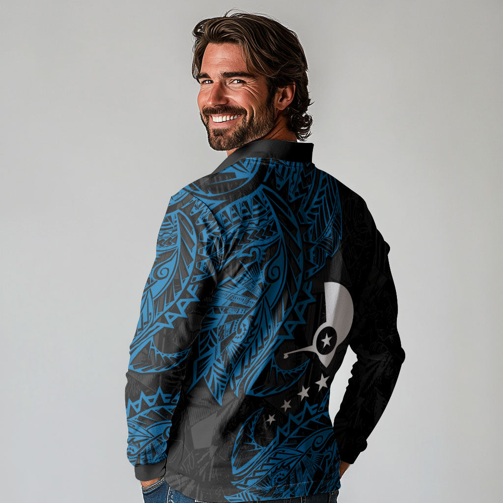 Yap Island Tribal Heritage Long Sleeve Polo Shirt Micronesian Polynesian Tattoo Pattern Blue Black Cultural Art