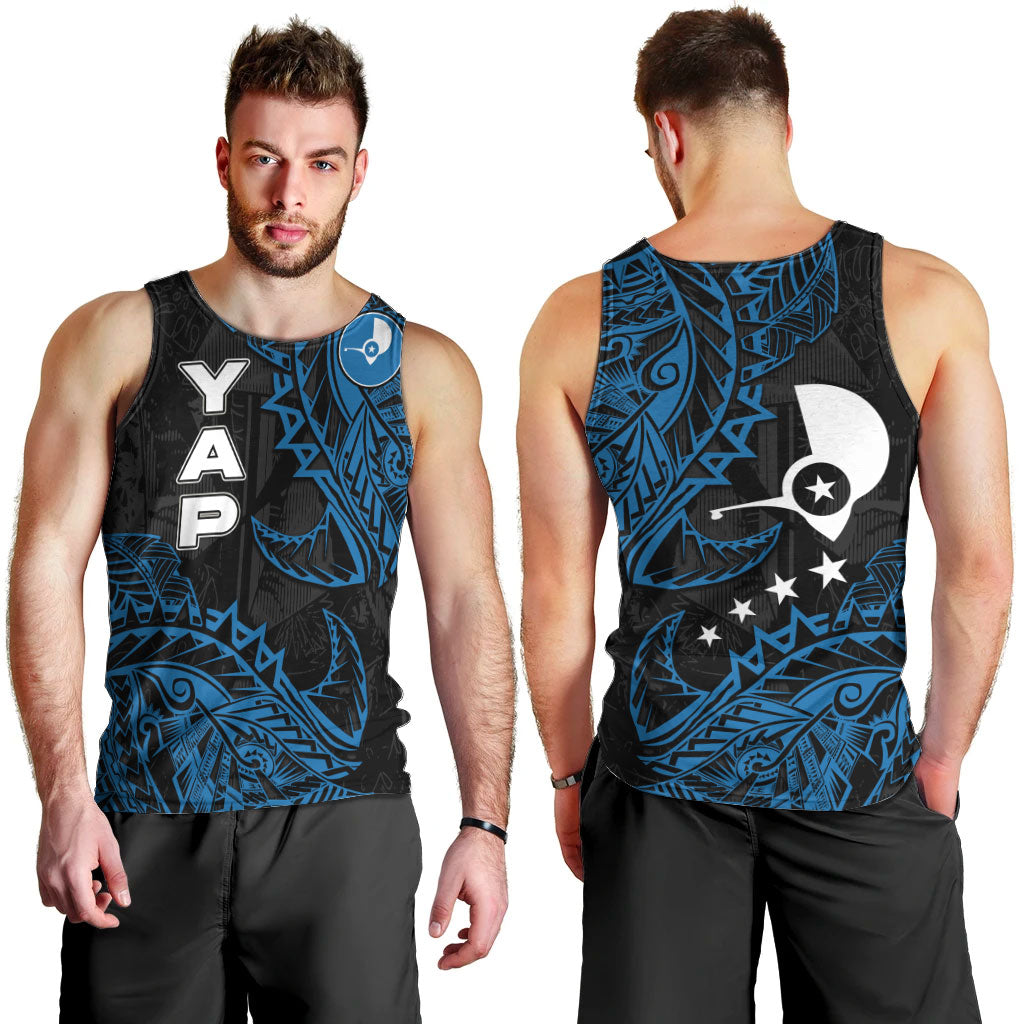 Yap Island Tribal Heritage Men Tank Top Micronesian Polynesian Tattoo Pattern Blue Black Cultural Art