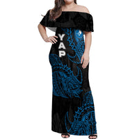 Yap Island Tribal Heritage Off Shoulder Maxi Dress Micronesian Polynesian Tattoo Pattern Blue Black Cultural Art