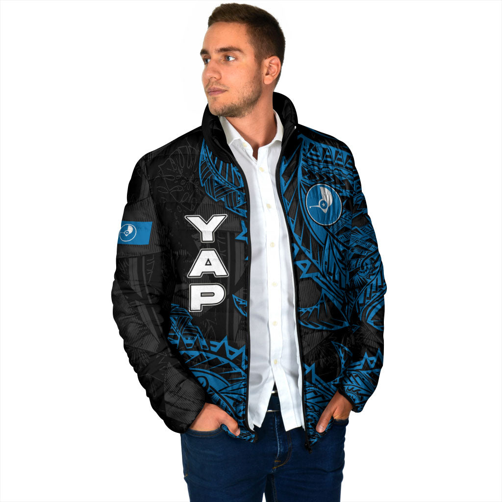 Yap Island Tribal Heritage Padded Jacket Micronesian Polynesian Tattoo Pattern Blue Black Cultural Art