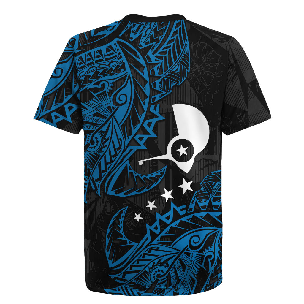 Yap Island Tribal Heritage Rugby Jersey Micronesian Polynesian Tattoo Pattern Blue Black Cultural Art