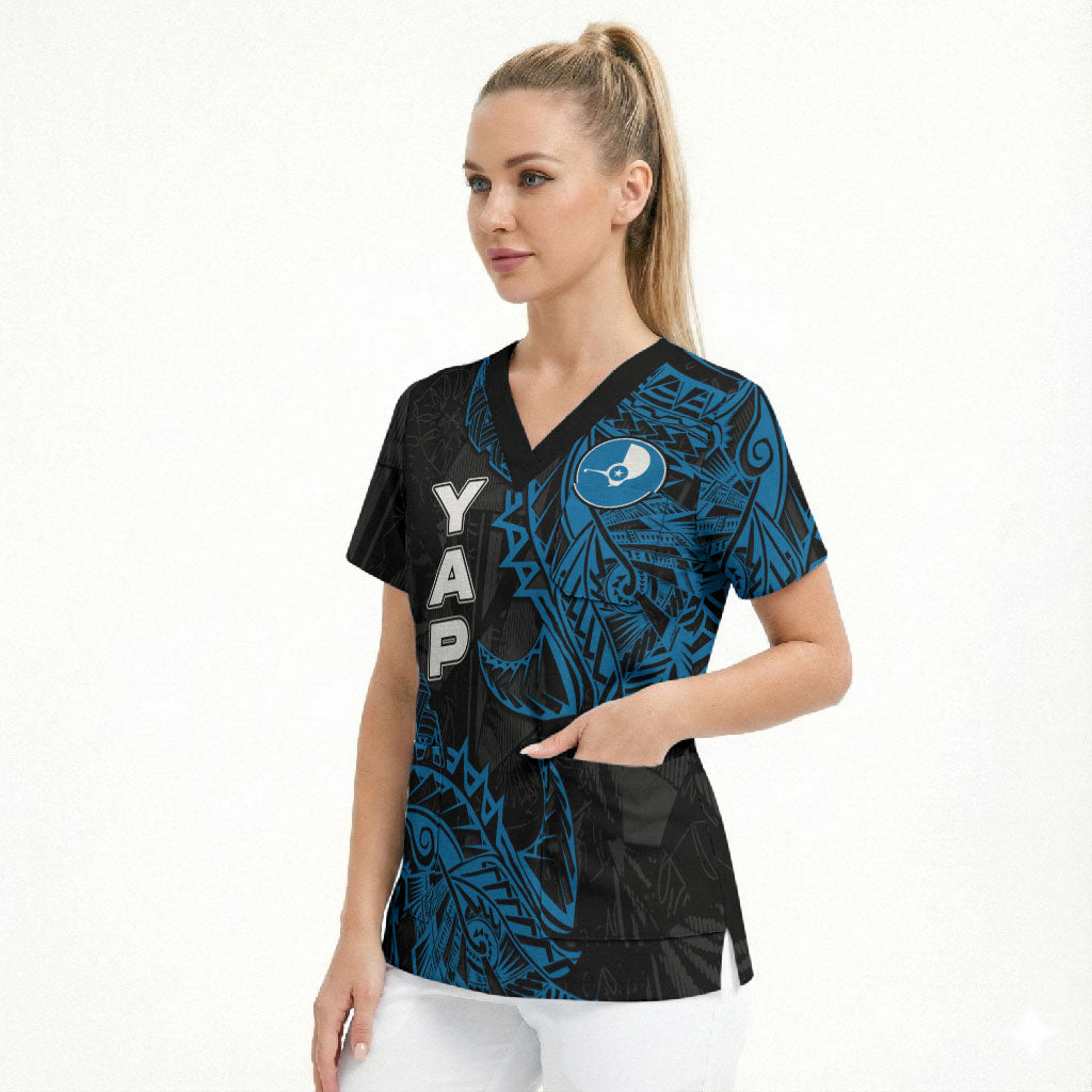 Yap Island Tribal Heritage Scrub Top Micronesian Polynesian Tattoo Pattern Blue Black Cultural Art