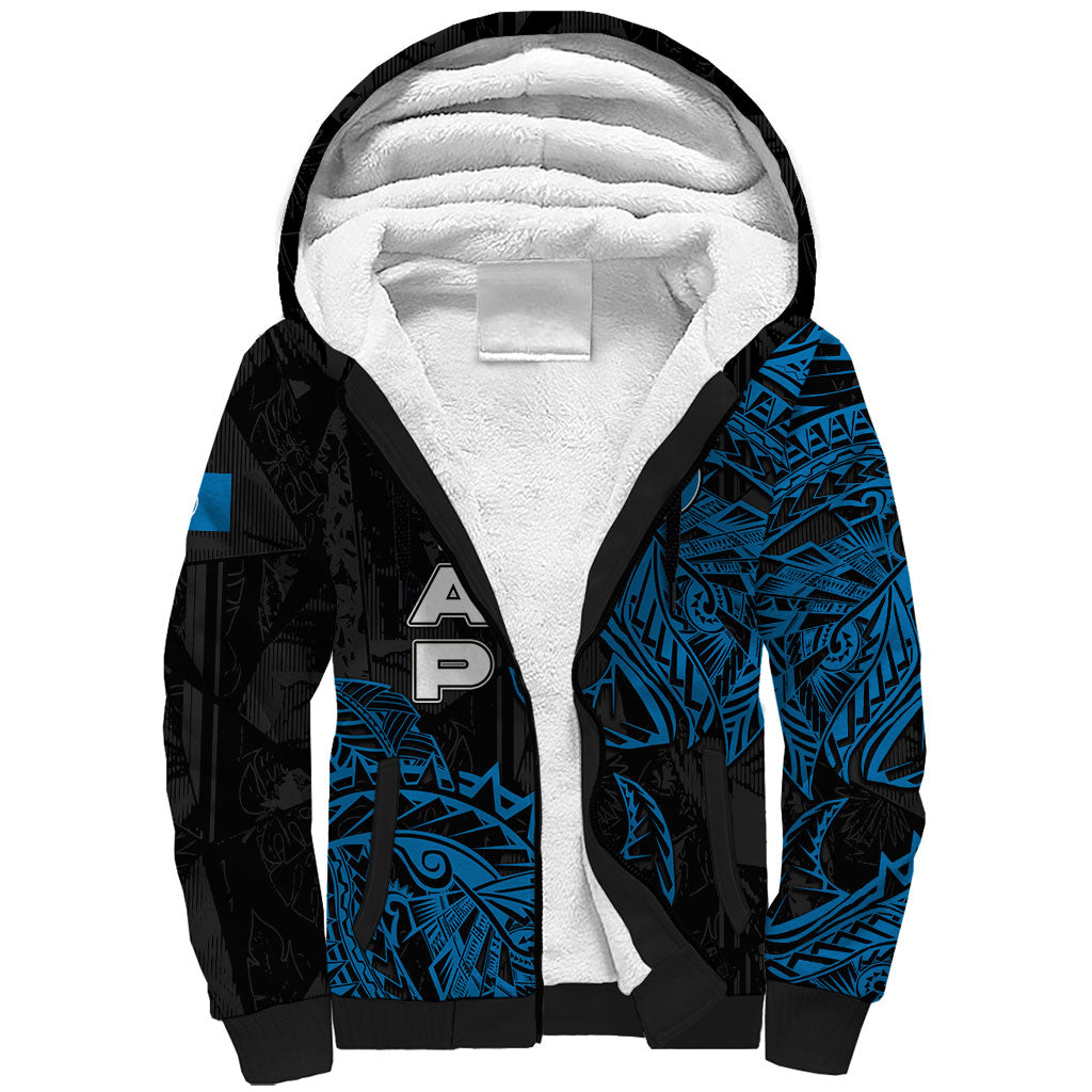 Yap Island Tribal Heritage Sherpa Hoodie Micronesian Polynesian Tattoo Pattern Blue Black Cultural Art