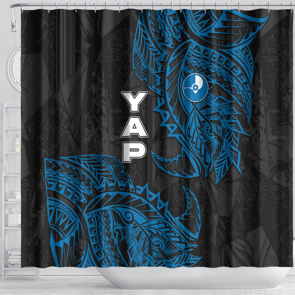 Yap Island Tribal Heritage Shower Curtain Micronesian Polynesian Tattoo Pattern Blue Black Cultural Art