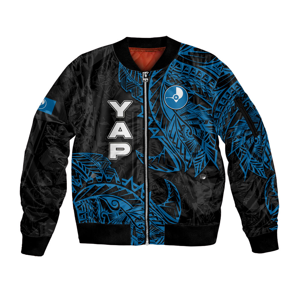 Yap Island Tribal Heritage Sleeve Zip Bomber Jacket Micronesian Polynesian Tattoo Pattern Blue Black Cultural Art TS04 Unisex Black Blue - Polynesian Pride