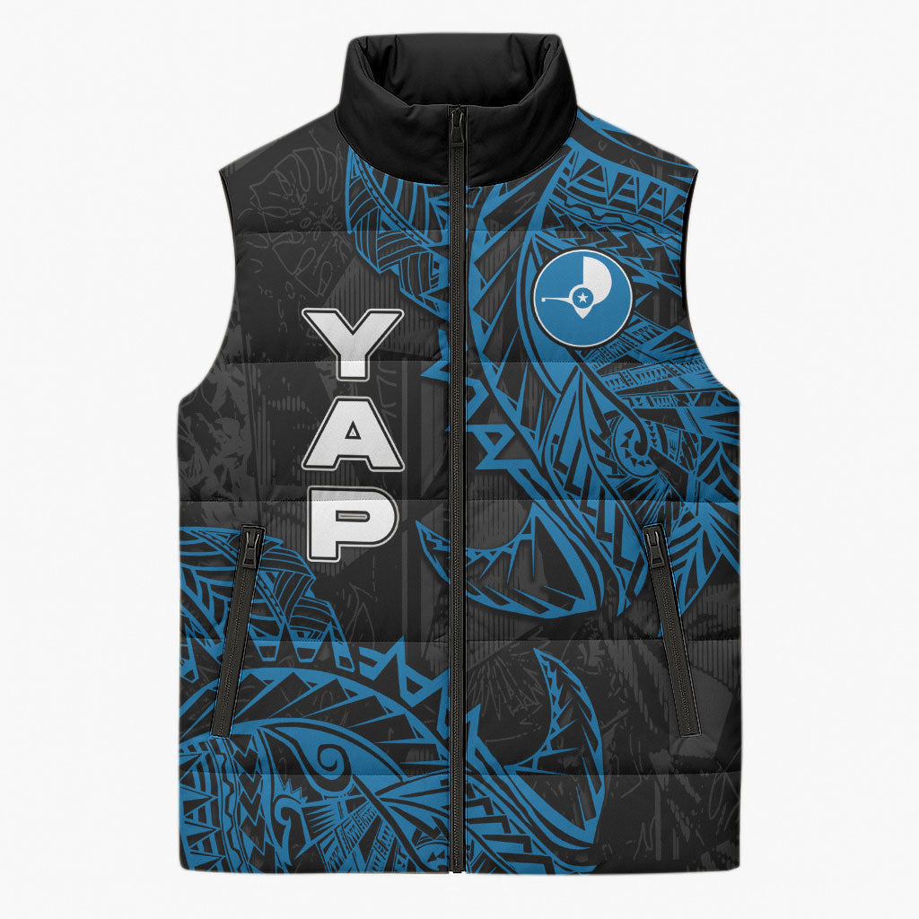 Yap Island Tribal Heritage Sleeveless Puffer Jacket Micronesian Polynesian Tattoo Pattern Blue Black Cultural Art