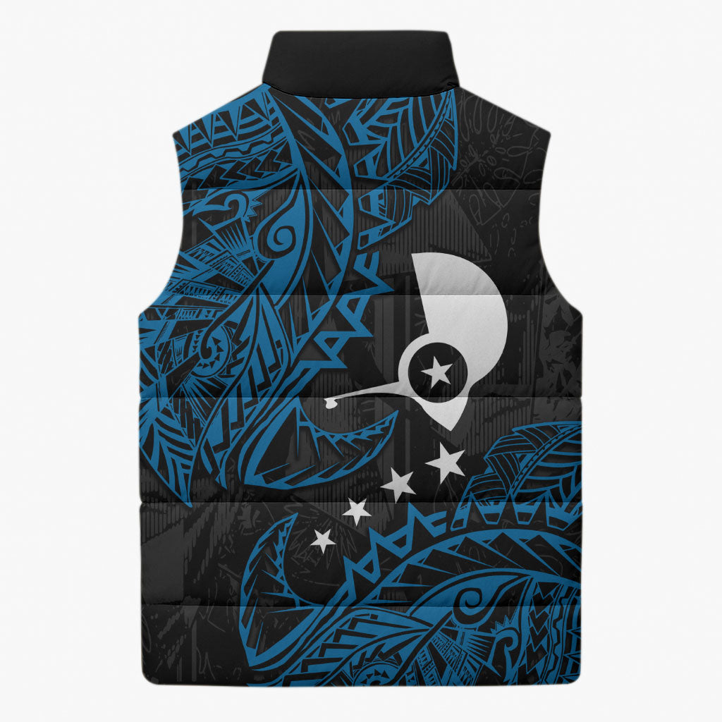 Yap Island Tribal Heritage Sleeveless Puffer Jacket Micronesian Polynesian Tattoo Pattern Blue Black Cultural Art