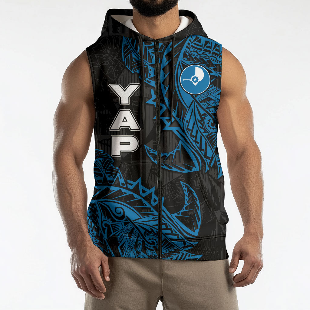 Yap Island Tribal Heritage Sleeveless Zip Hoodie Micronesian Polynesian Tattoo Pattern Blue Black Cultural Art