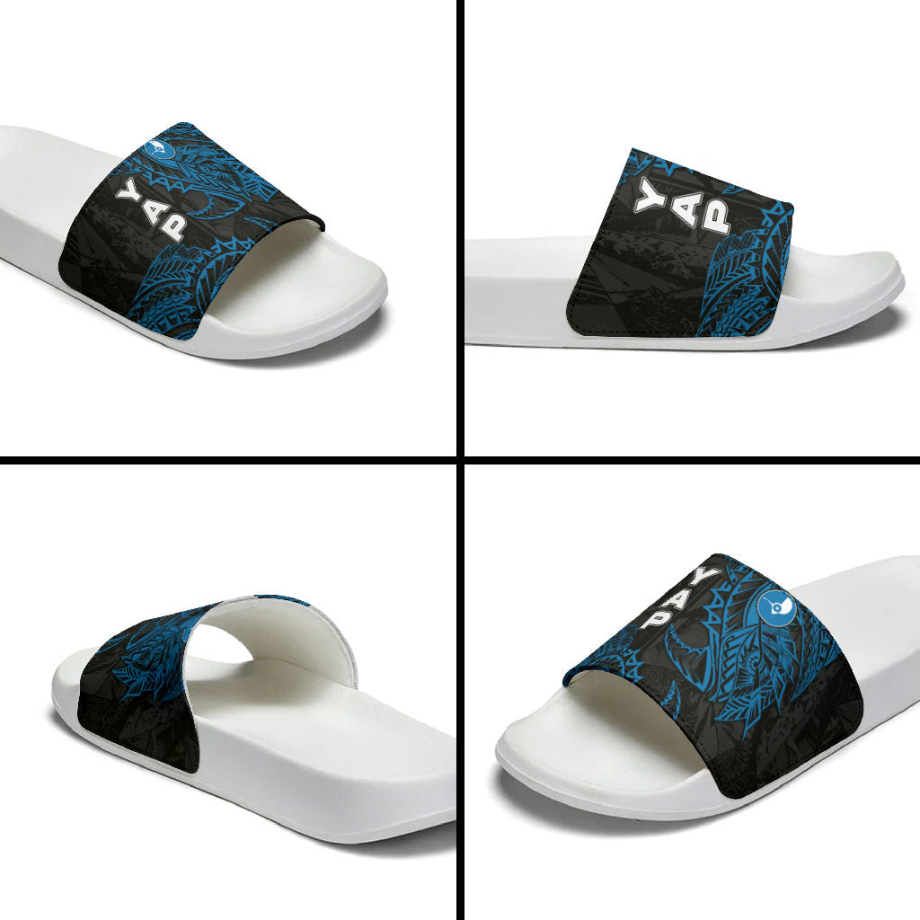 Yap Island Tribal Heritage Slide Sandals Micronesian Polynesian Tattoo Pattern Blue Black Cultural Art