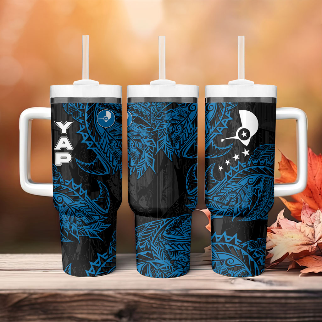 Yap Island Tribal Heritage Tumbler With Handle Micronesian Polynesian Tattoo Pattern Blue Black Cultural Art