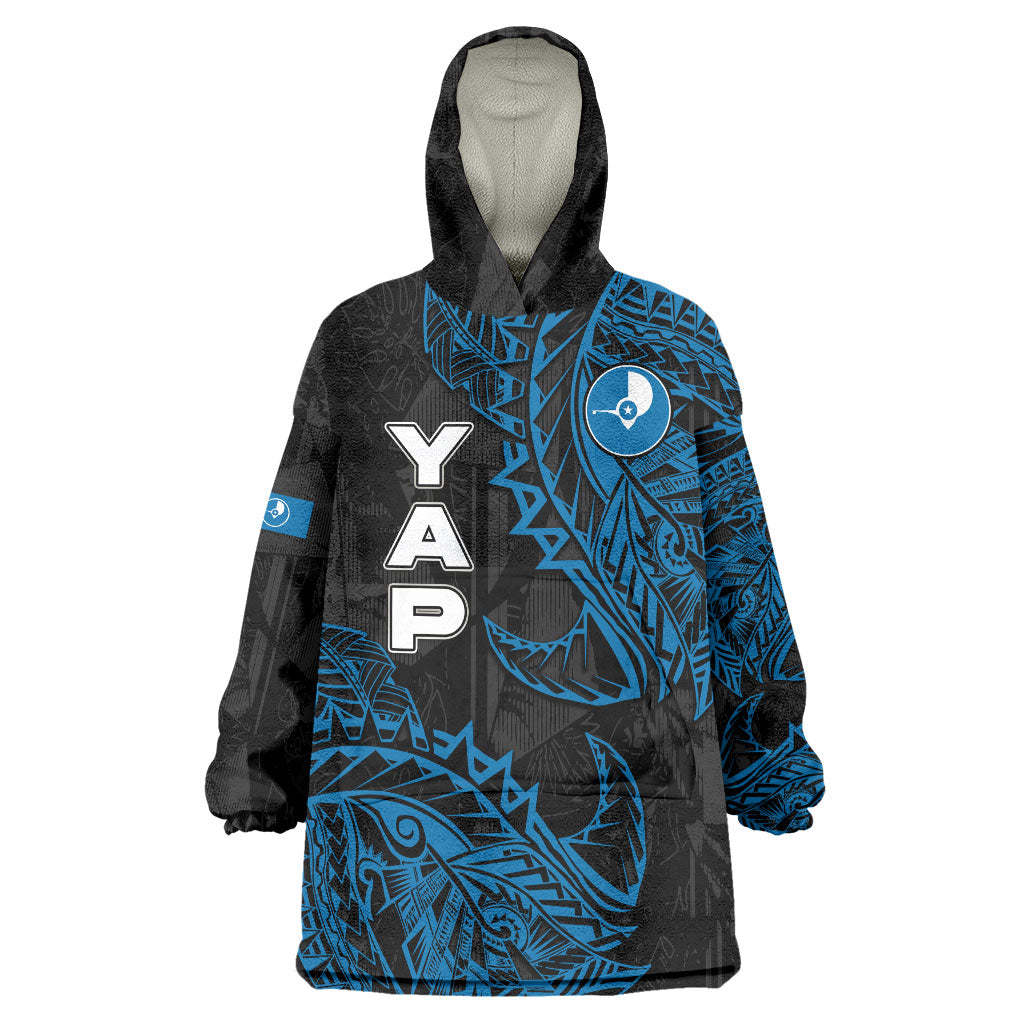 Yap Island Tribal Heritage Wearable Blanket Hoodie Micronesian Polynesian Tattoo Pattern Blue Black Cultural Art