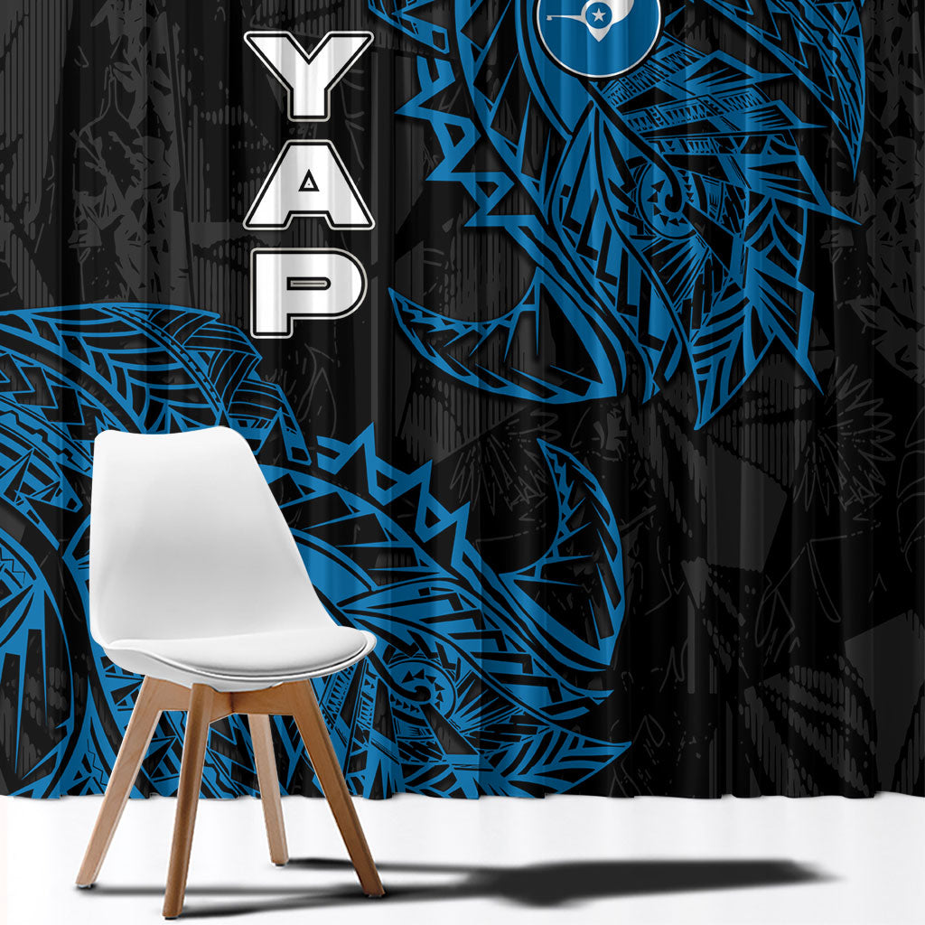 Yap Island Tribal Heritage Window Curtain Micronesian Polynesian Tattoo Pattern Blue Black Cultural Art