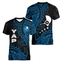 Yap Island Tribal Heritage Women V-Neck T-Shirt Micronesian Polynesian Tattoo Pattern Blue Black Cultural Art