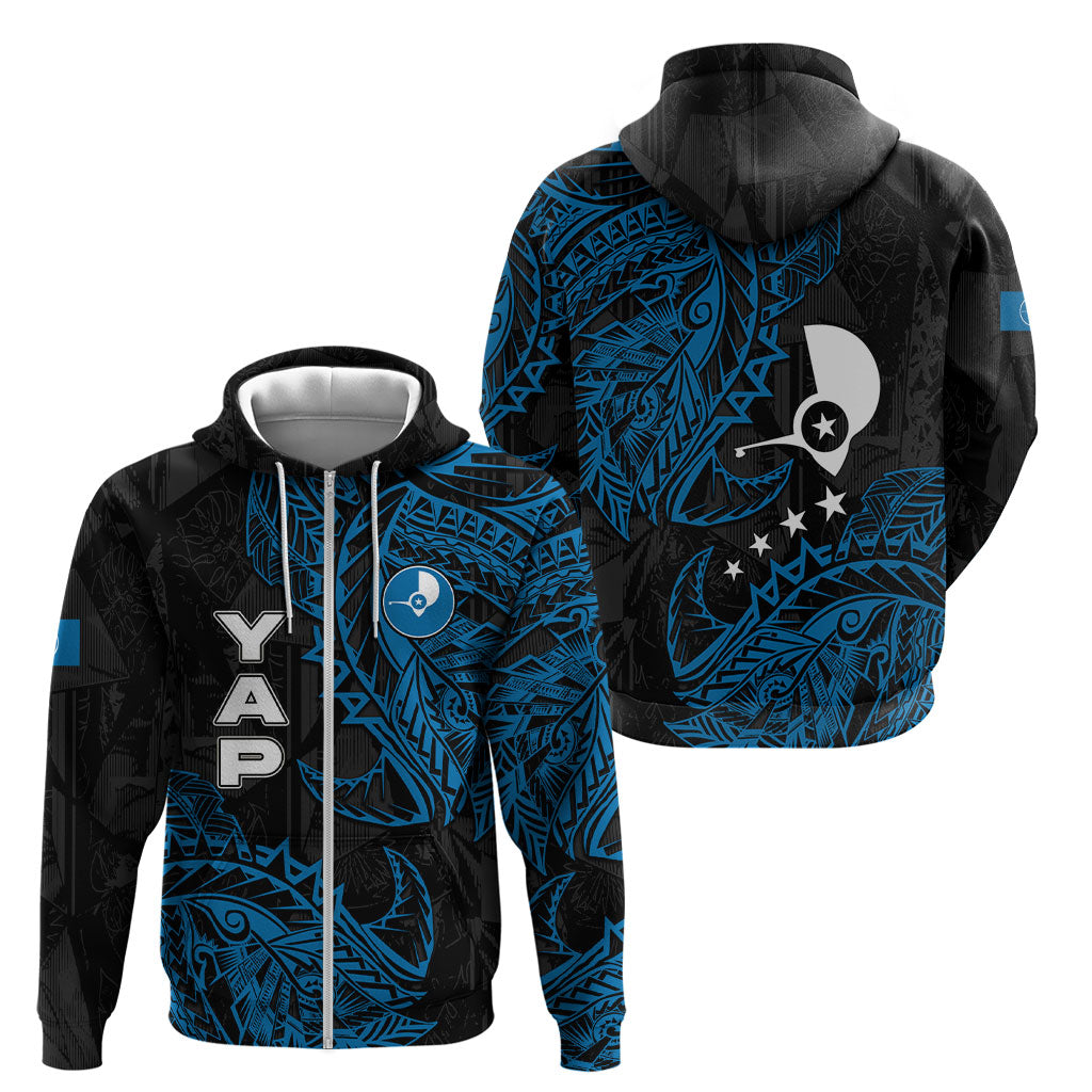 Yap Island Tribal Heritage Zip Hoodie Micronesian Polynesian Tattoo Pattern Blue Black Cultural Art