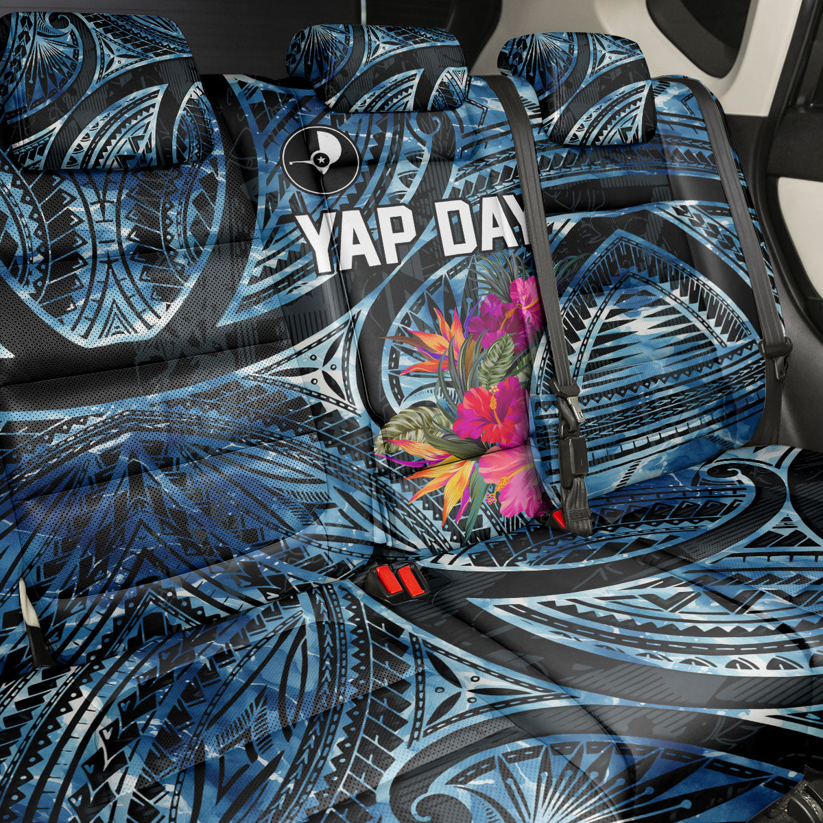 Yap Day Island Floral Tribal Heritage Back Car Seat Cover Micronesian Hibiscus Pattern Polynesian Tattoo Blue Art