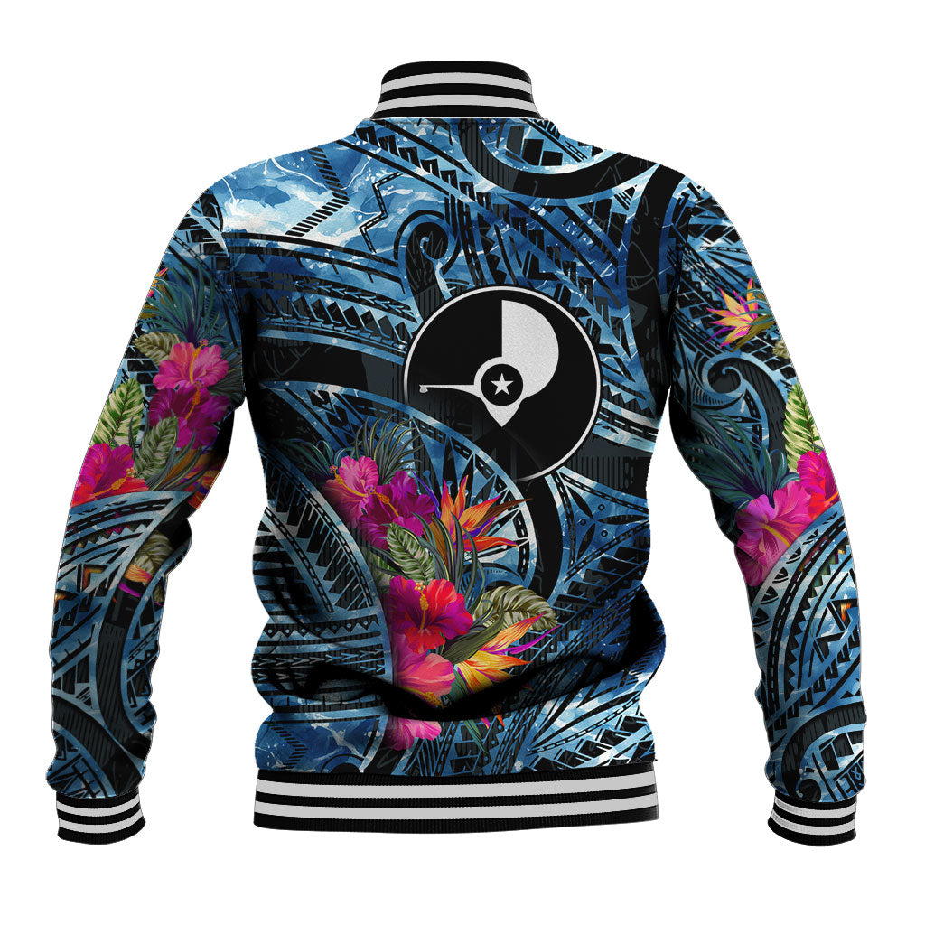 Yap Day Island Floral Tribal Heritage Baseball Jacket Micronesian Hibiscus Pattern Polynesian Tattoo Blue Art