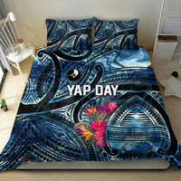 Yap Day Island Floral Tribal Heritage Bedding Set Micronesian Hibiscus Pattern Polynesian Tattoo Blue Art
