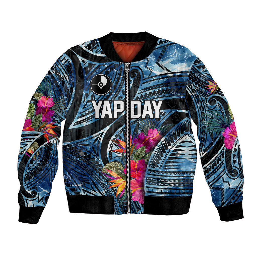 Yap Day Island Floral Tribal Heritage Bomber Jacket Micronesian Hibiscus Pattern Polynesian Tattoo Blue Art TS04 Unisex Black Blue - Polynesian Pride